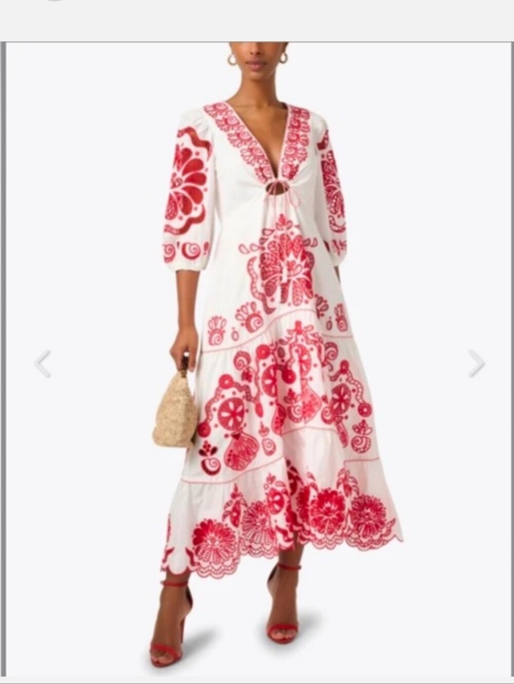NWOT FARM Rio White Midi Dress with Red Floral Embroidery